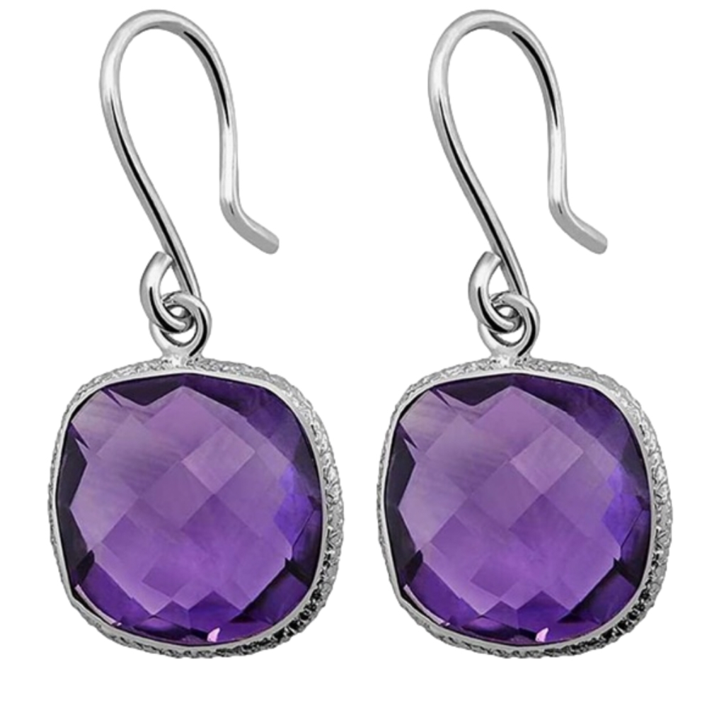 Sterling Silver Amethyst Dangle Earrings Cushion Checkerboard Cut w/Silk Pouch
